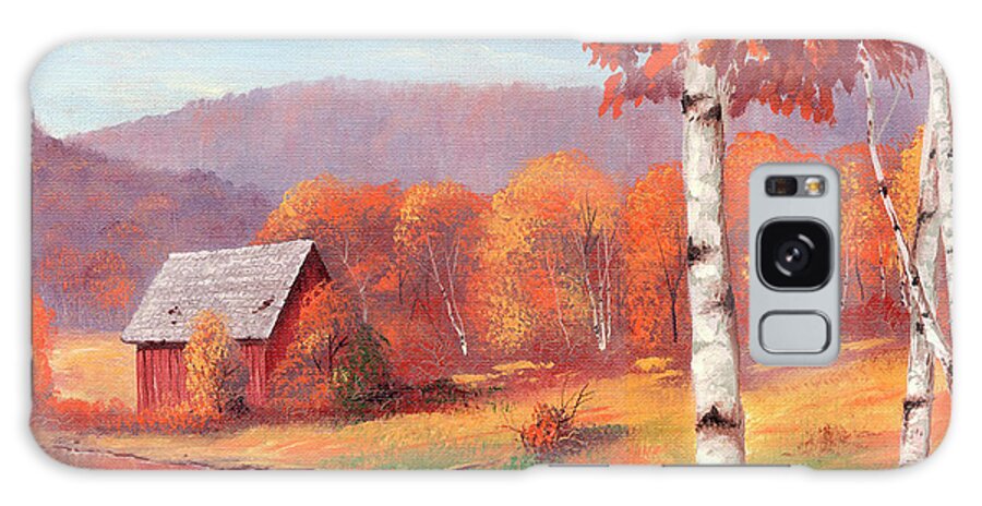 Shack By Pond In Front Of Mountain Range And Autumn Birch Trees Galaxy Case featuring the painting Autumn Fire by Thomas Linker