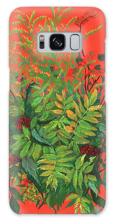 Autumnal Plants Bouquet Galaxy Case featuring the painting Autumn floral, rowan leaves, elder berries and goldenrod by Julia Khoroshikh