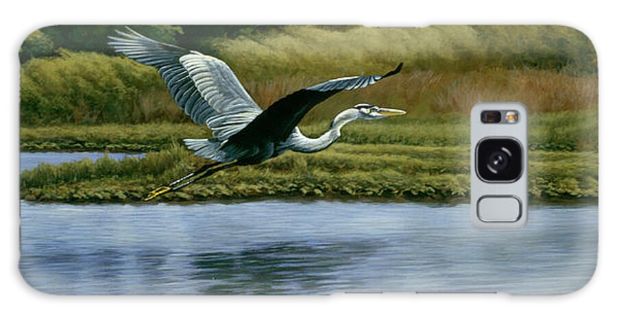 An Egret Coming In For A Landing In A Pond Galaxy Case featuring the painting Back Water Fisherman by Michael Budden