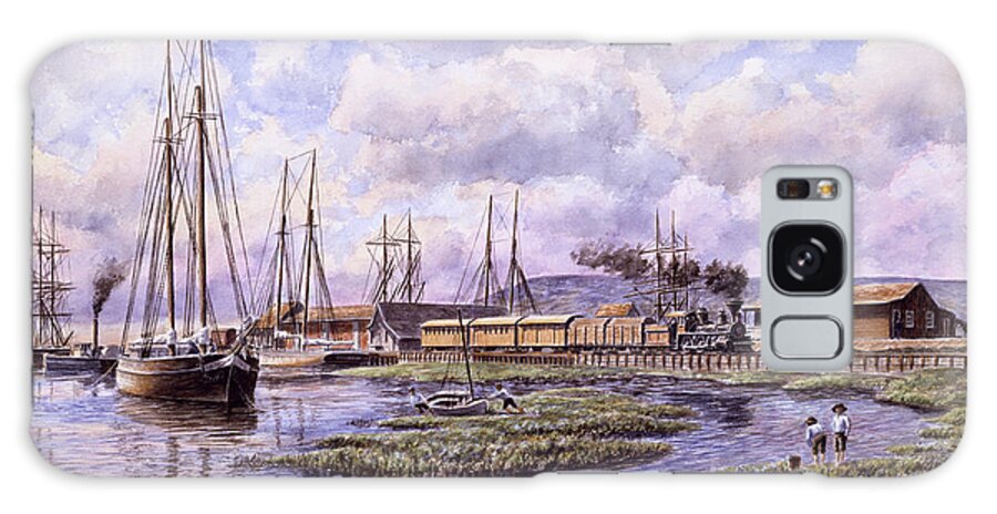Late 1800's Wharf Near Beach With Cargo Train Leaving Galaxy Case featuring the painting Banning Wharf, Ca. 1880 by Stanton Manolakas