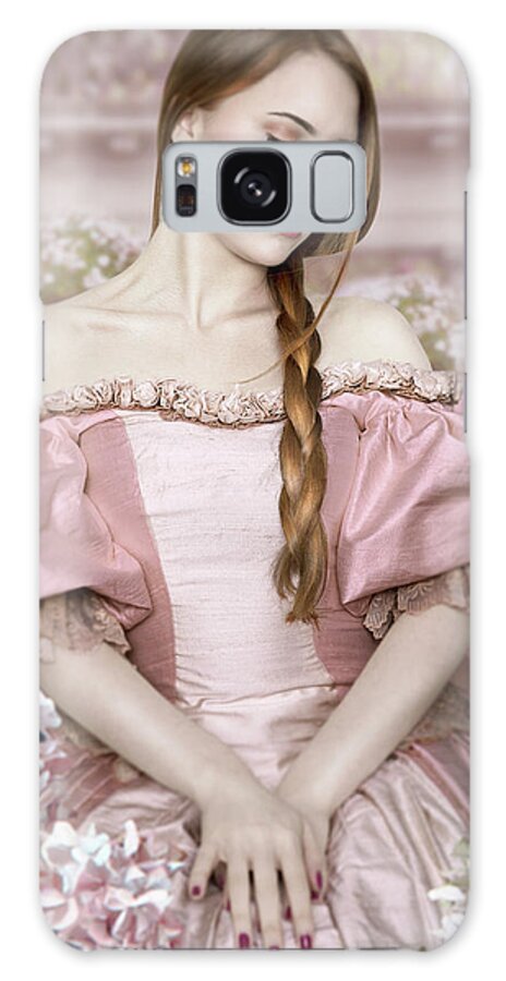 Historical Galaxy Case featuring the photograph Beautiful Young Victorian Woman Sitting Amongst Pink Flowers by Ethiriel Photography