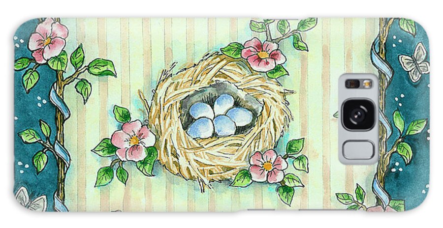 Five Light Blue Eggs In A Bird Nest Galaxy Case featuring the painting Bird Nest by Shelly Rasche