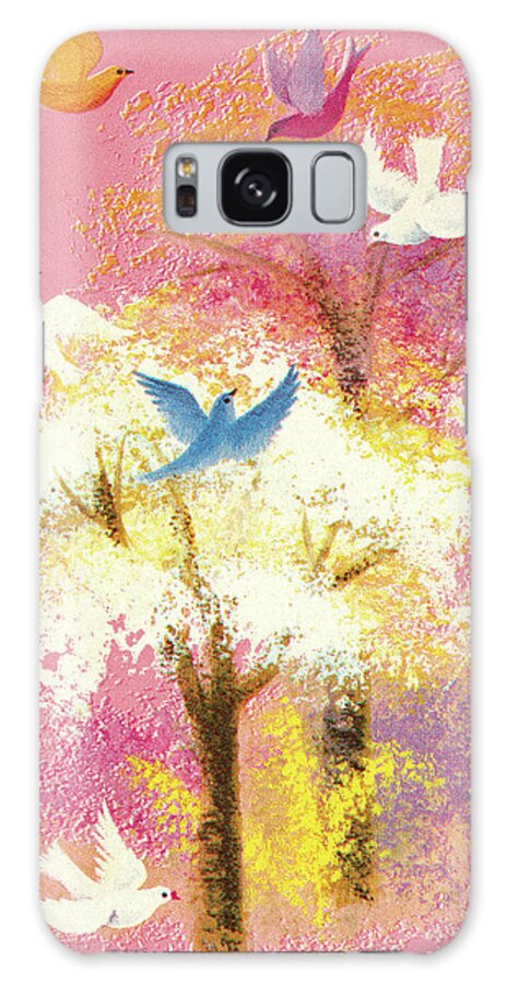 Animal Galaxy Case featuring the drawing Birds Flying Around Pastel Trees by CSA Images