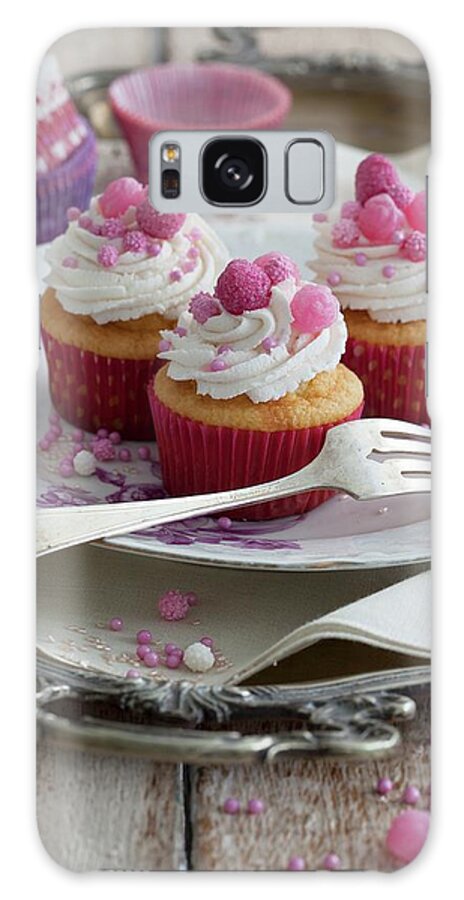 Ip_11962303 Galaxy Case featuring the photograph Birthday Cupcakes With Pink Sugar Flowers And Frozen Strawberries by Blueberrystudio