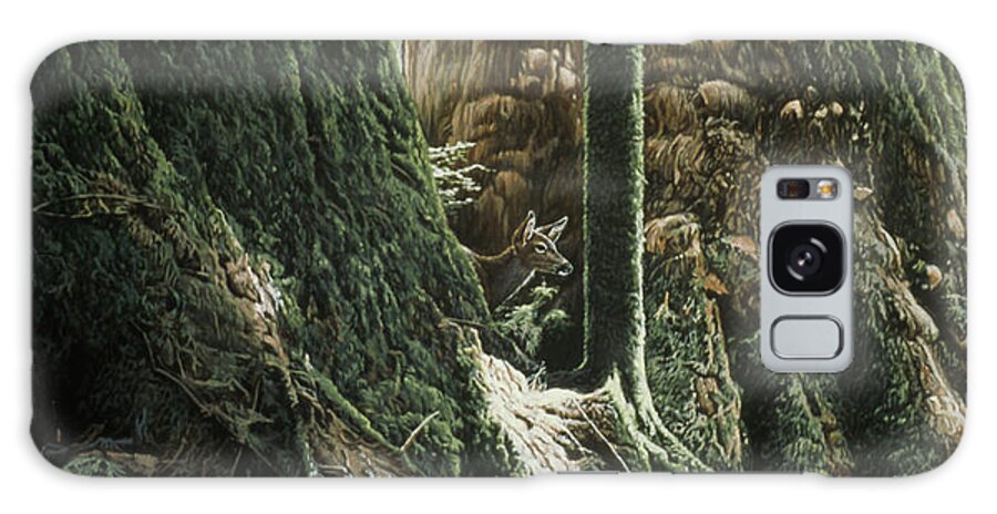 A Fawn Hides Between Two Giant Trees. Galaxy Case featuring the painting Blacktail In Sitka by Ron Parker