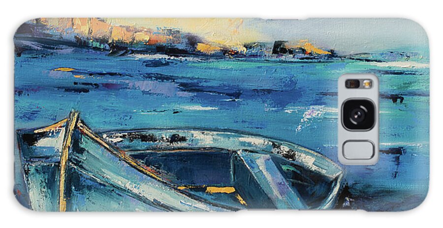 Boat Galaxy Case featuring the painting Blue Boat on the Mediterranean Beach by Elise Palmigiani