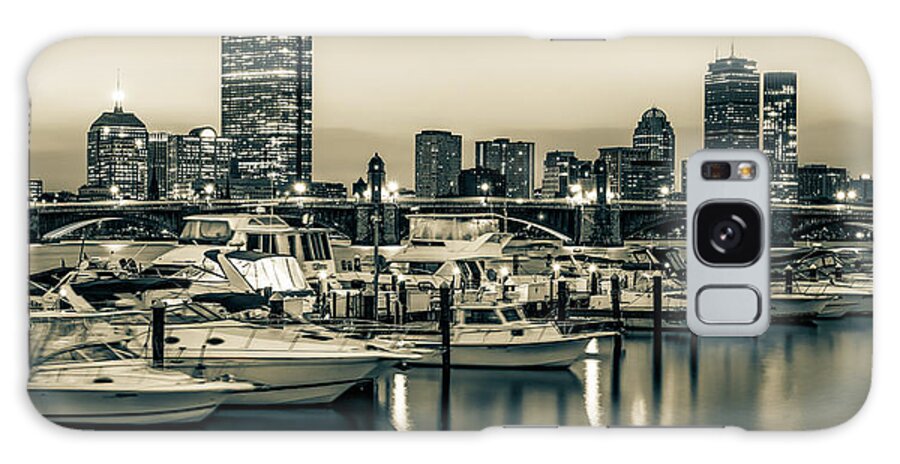 America Galaxy Case featuring the photograph Boston Skyline and Yacht Club Panorama - Sepia by Gregory Ballos
