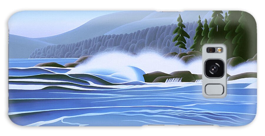 Waves Crashing Over Rocks With Mountains And Pine Trees Galaxy Case featuring the painting Breakers by Ron Parker