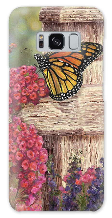 Butterfly Galaxy Case featuring the mixed media Butterfly And Fence Cross by Art Licensing Studio