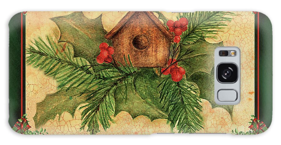 Season's Greetings With Birdhouse And Holly And Pine Branches Galaxy Case featuring the painting Ch House by Maria Trad