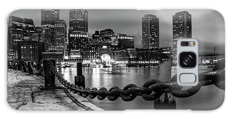 Boston Skyline Galaxy Case featuring the photograph Chain Link Boston Skyline in Black and White by Gregory Ballos
