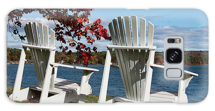 Lake Winnipesaukee Fall Foliage Galaxy Case featuring the photograph Chairs for two at the lakes edge by Jeff Folger