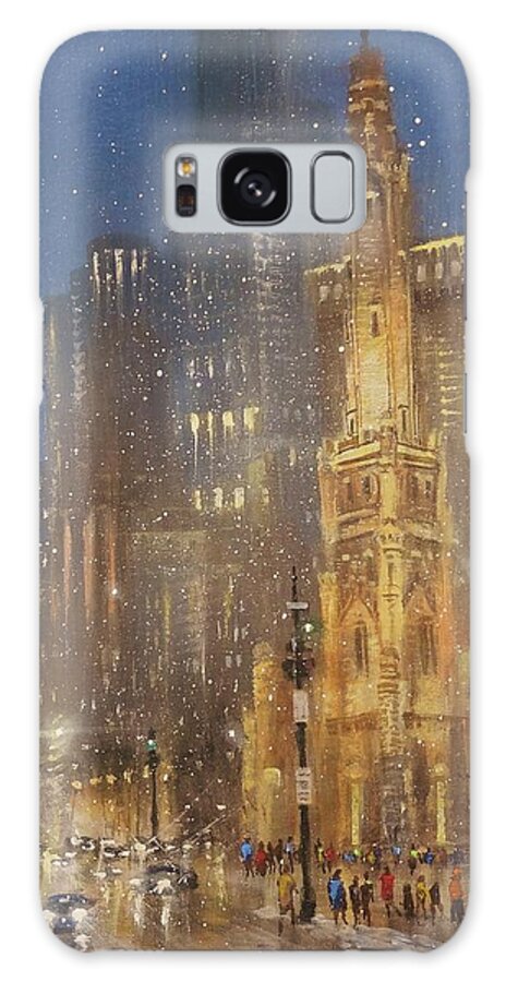 Snow Scene Galaxy Case featuring the painting Chicago Water Tower by Tom Shropshire