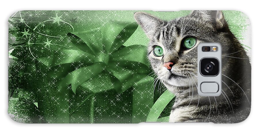 Christmas Galaxy Case featuring the digital art Christmas Silver Tabby Cat with Green by Doreen Erhardt