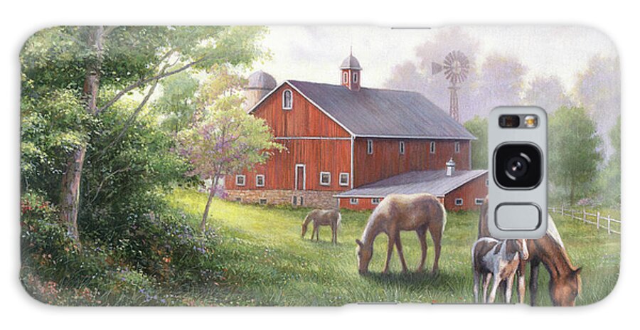 Red Barn With Horses Grazing In Field Next To Trees Galaxy Case featuring the painting Country Road W/ Horses/barn by John Zaccheo