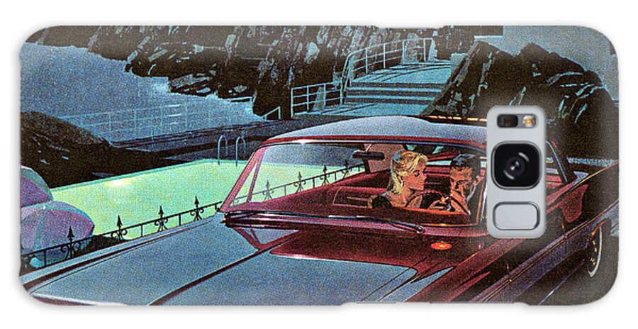 Auto Galaxy Case featuring the drawing Couple in Burgandy Vintage Car at Night by CSA Images