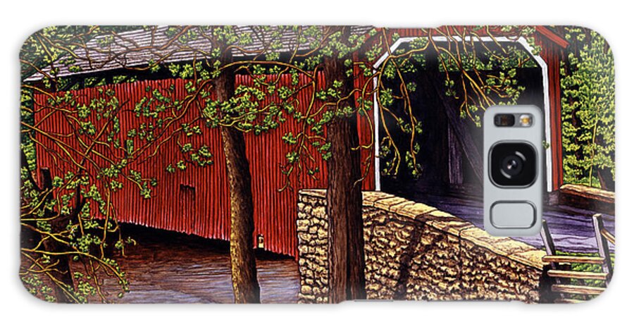 Covered Bridge With Sheep Next To It Galaxy Case featuring the painting Covered Bridge & Sheep by Thelma Winter