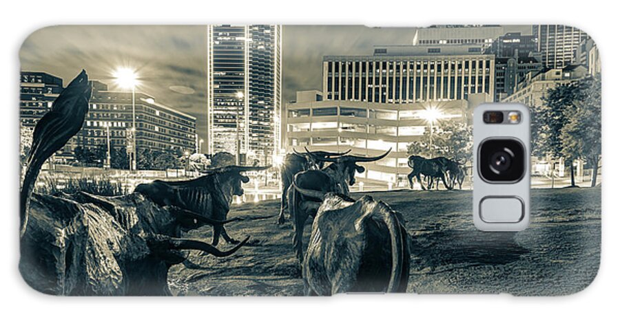 America Galaxy Case featuring the photograph Dallas Skyline and Texas Longhorn Cattle Drive Sculptures - Sepia by Gregory Ballos