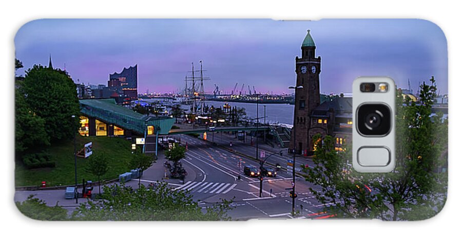 Dramatic Galaxy Case featuring the photograph Dawn over the port and city Hamburg panorama by Marina Usmanskaya