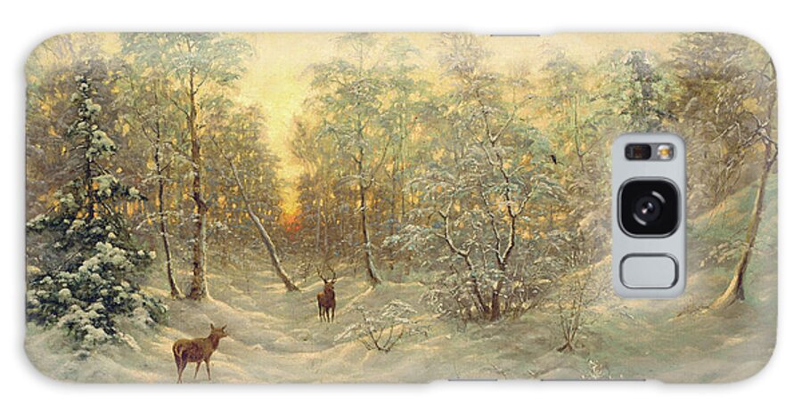 Deer In A Snowy Landscape At Dusk Galaxy Case featuring the painting Deer in a snowy landscape at dusk by Ivan Fedorovich Choultse
