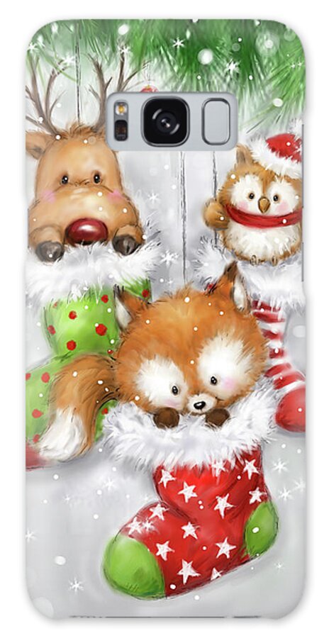 Deer Owl And Fox Galaxy Case featuring the mixed media Deer Owl And Fox by Makiko