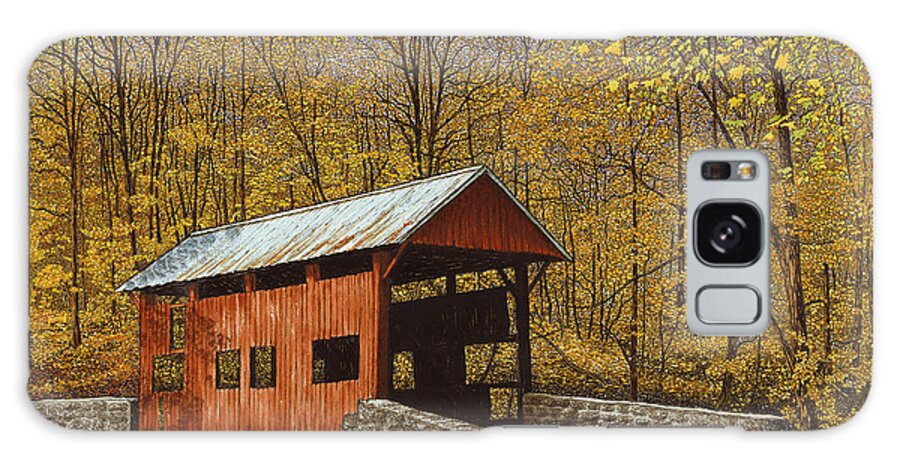 Covered Bridge With Trees Around It Galaxy Case featuring the painting Devil's Den Bridge by Thelma Winter