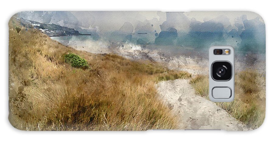 Landscape Galaxy Case featuring the photograph Digital watercolour painting of Sennen Cove beach and sand dunes by Matthew Gibson