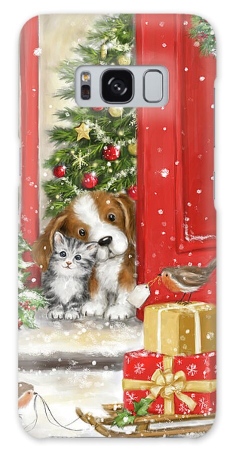 Dog And Cat At Door Galaxy Case featuring the mixed media Dog And Cat At Door by Makiko