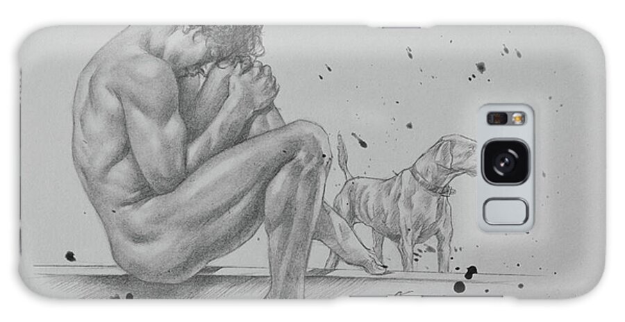 Male Nude Galaxy Case featuring the drawing Drawing male nude and dog#18124 by Hongtao Huang