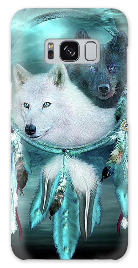 Carol Cavalaris Galaxy Case featuring the mixed media Dream Catcher - White Wolf Black Wolf by Carol Cavalaris