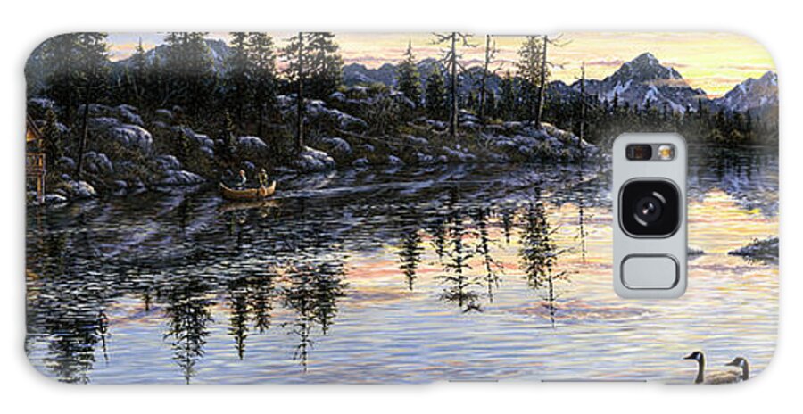 A Pair Of Ducks Swimming In The Swamp With A Log Cabin To The Left Galaxy Case featuring the painting Evening Sunset by Jeff Tift