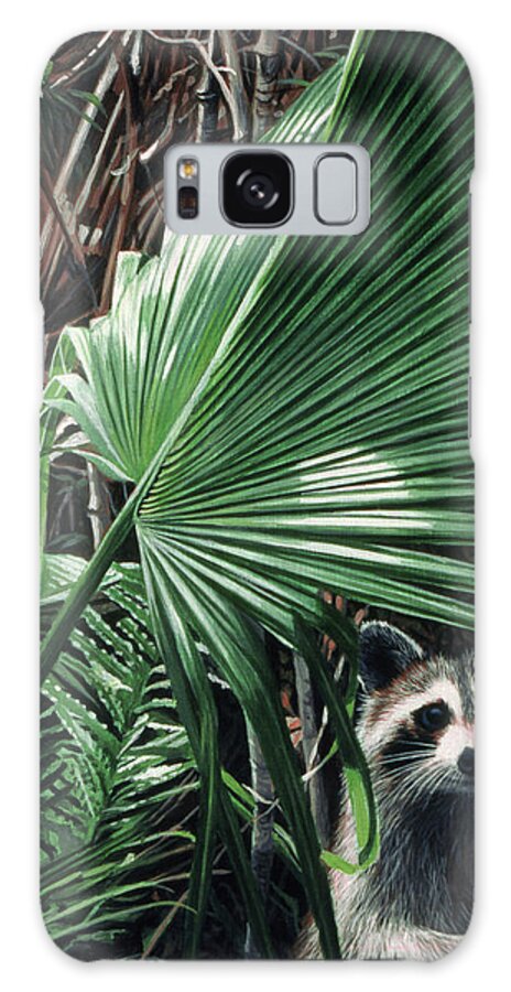 A Raccoon Stands Next To A Large Galaxy Case featuring the painting Everglades Raccoon by Ron Parker