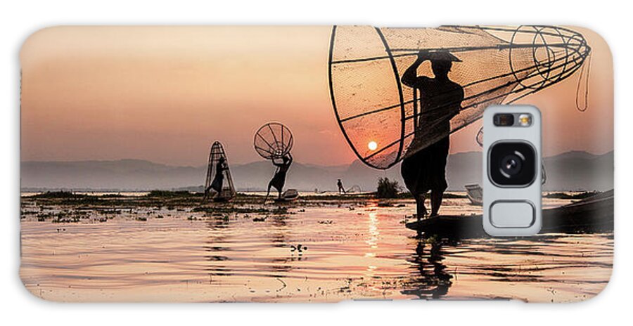 Recreational Pursuit Galaxy Case featuring the photograph Fishermen On Inle Lake, Myanmar by Mint Images/ Art Wolfe