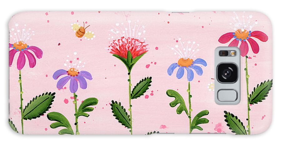 Five Vibrant Flowers With Bees Flying Around Them. Galaxy Case featuring the painting Flowers by Beverly Johnston