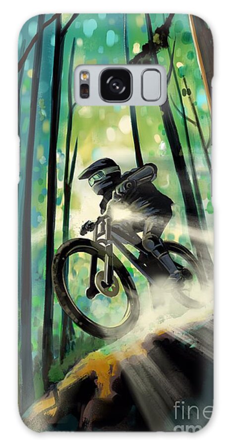 Mountain Bike Galaxy Case featuring the painting Forest jump mountain biker by Sassan Filsoof