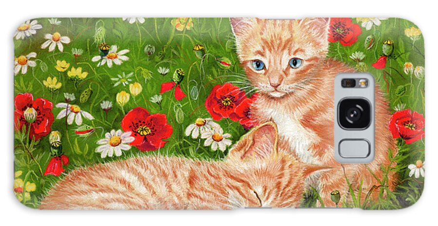Ginger Kittens In Red Poppies Galaxy Case featuring the painting Ginger Kittens In Red Poppies by Janet Pidoux