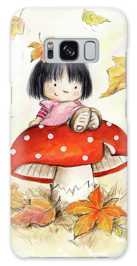 Girl On Mushroom Galaxy Case featuring the mixed media Girl On Mushroom by Makiko