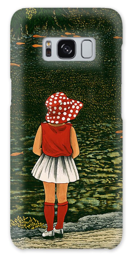 Little Girl With A Poka-dot Hat Watching Goldfish In Pond Galaxy Case featuring the painting Goldfish by Thelma Winter
