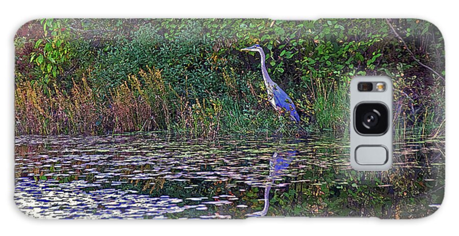 Great Blue Heron Autumn Bird Swamp Lily Pads Water Reflection Outdoor Landscape Galaxy Case featuring the photograph Great Blue Heron in Autumn by Wayne Marshall Chase