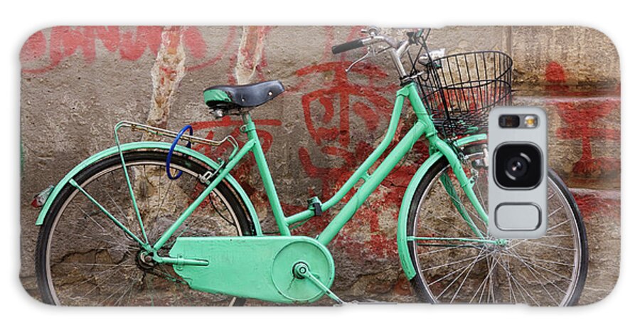 Leaning Galaxy Case featuring the photograph Green Bike And Graffiti by Jeremy Woodhouse