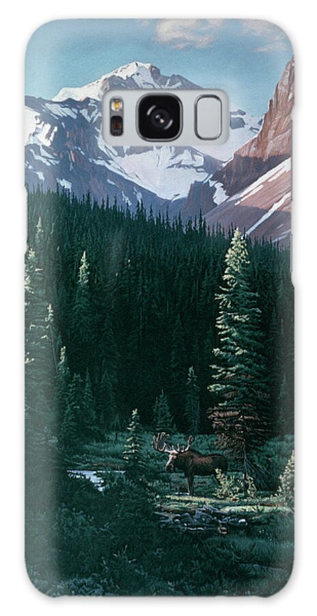 A Bull Moose Standing In The Open Meadow With Trees Surrounding Him And Snow Covered Mtn Ranges In The Back Galaxy Case featuring the painting Haidok Peak by Ron Parker
