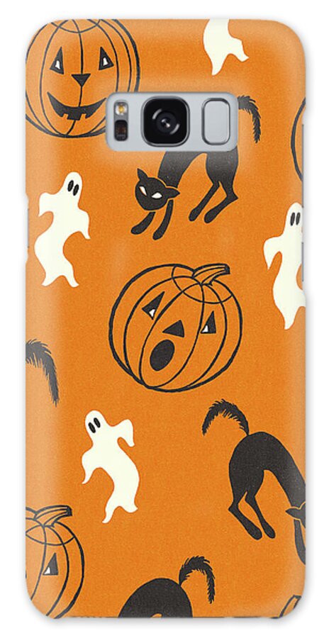 Afraid Galaxy Case featuring the drawing Halloween Pattern of Pumpkins, Ghosts, and Black Cats by CSA Images