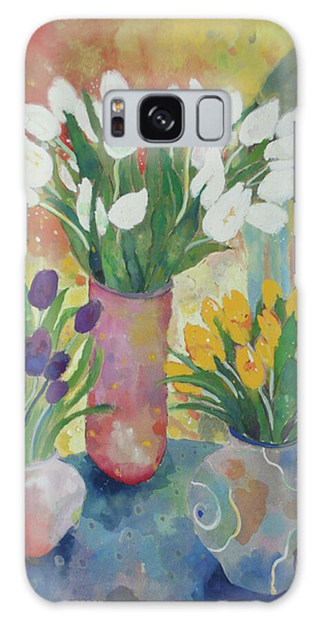 Three Vases With Different Colored Tulips In Them On A Table. Galaxy Case featuring the painting Hand Painted Vases by Lorraine Platt