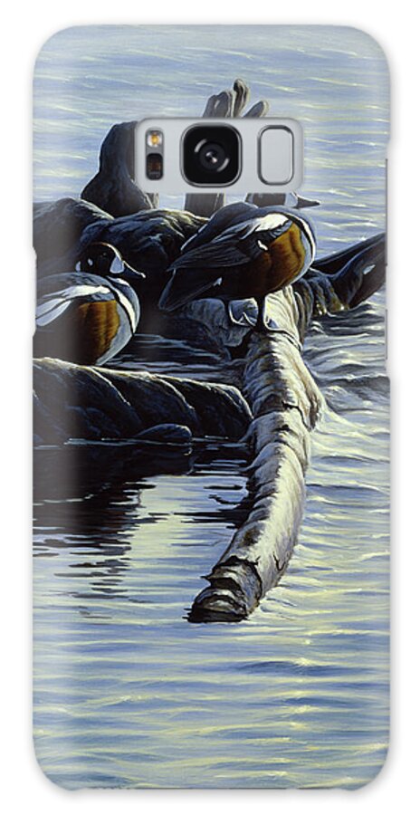 A Pair Of Ducks Perched On A Floating Log Galaxy Case featuring the painting Harlequin Ducks by Michael Budden