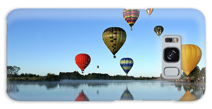 Clear Sky Galaxy Case featuring the photograph Hot Air Balloons Reflected In Lake by Brenda Anderson