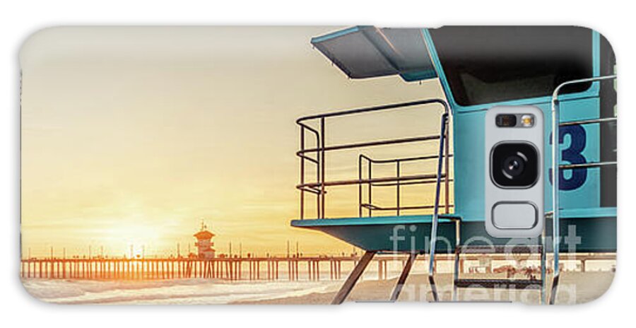 America Galaxy Case featuring the photograph Huntington Beach Lifeguard Tower 3 and Pier Sunset Panorama by Paul Velgos