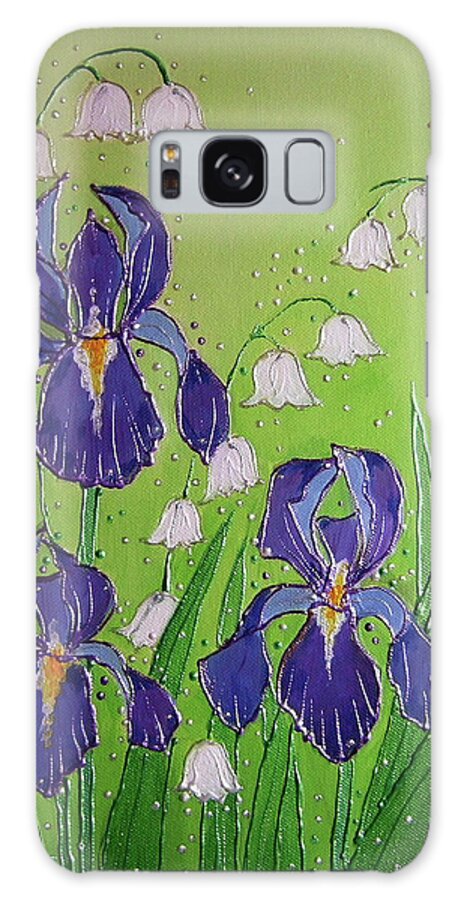 Iris And Canterbury Bells Galaxy Case featuring the painting Iris And Canterbury Bells by Angie Livingstone