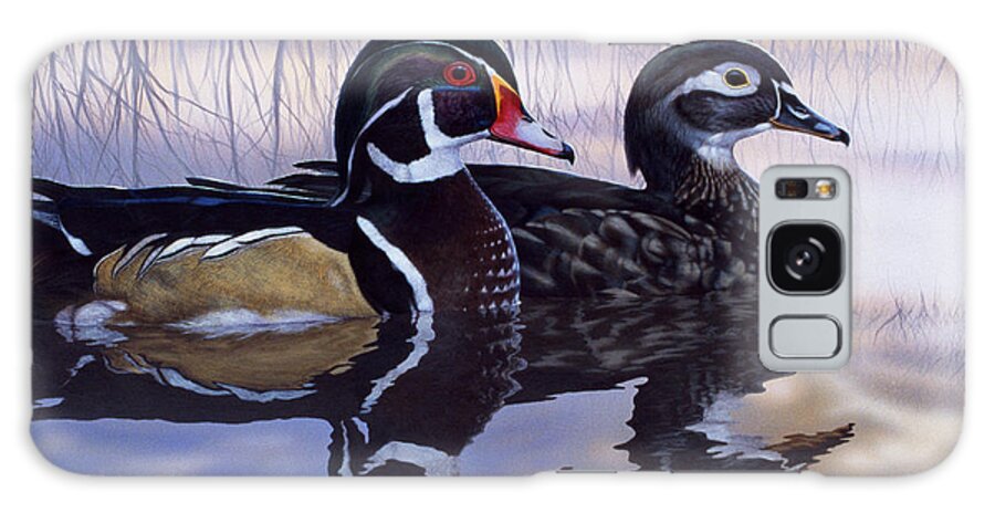 Two Ducks Floating On A Body Of Water With Bare Trees Reflecting Above Them Galaxy Case featuring the painting Just Ducky by Rusty Frentner