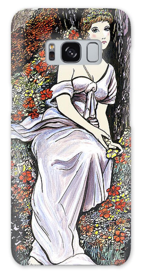 Lady In Patch Of Flowers At Base Of Tree With Bare Shoulder Galaxy Case featuring the painting Ladyfl by Thomas Linker