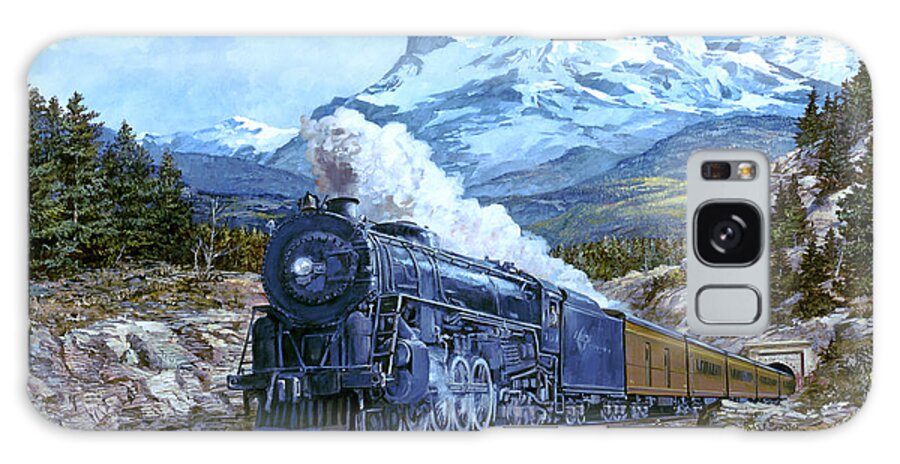 A Train Going Down The Track With Snowcapped Mountains In The Background Galaxy Case featuring the painting Locomotive 4 by Jack Wemp